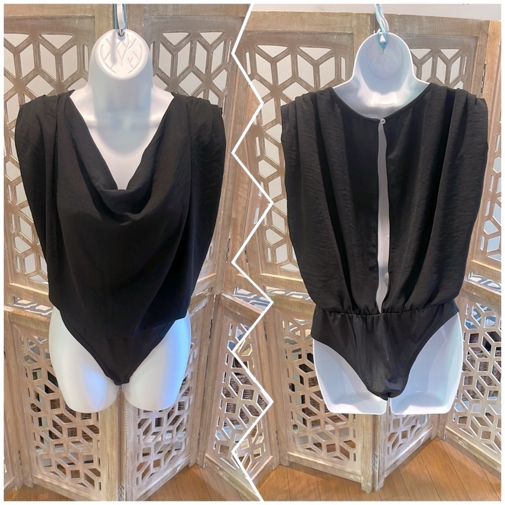 NWT She + Sky Lyndon BodySuit Black Sleeveless Drape Neck Size L - Picture 1 of 12